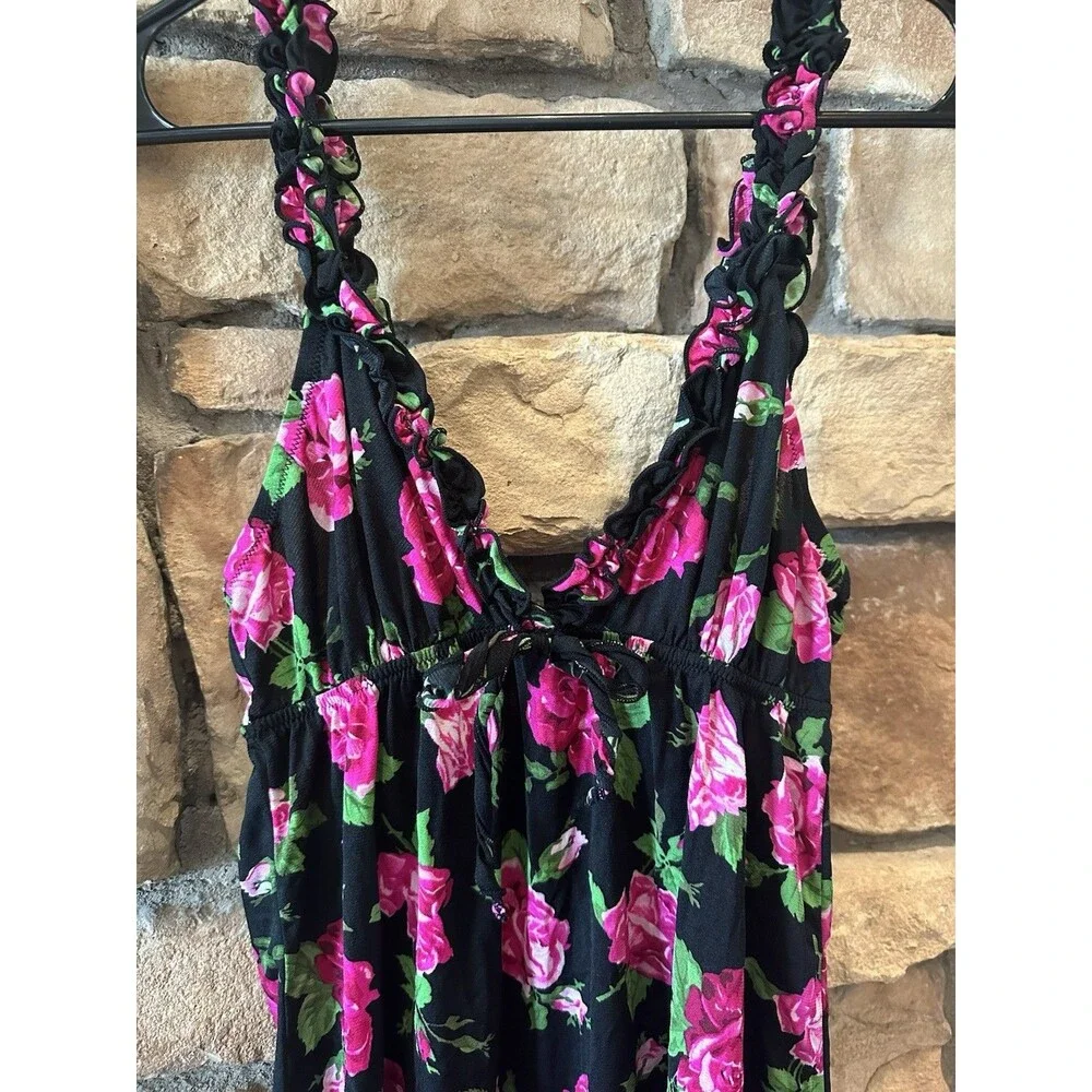 Y2K Smart & Sexy Lingerie Black/Pink Rose Babydoll Slip Dress Ruffle Bow Sheer L